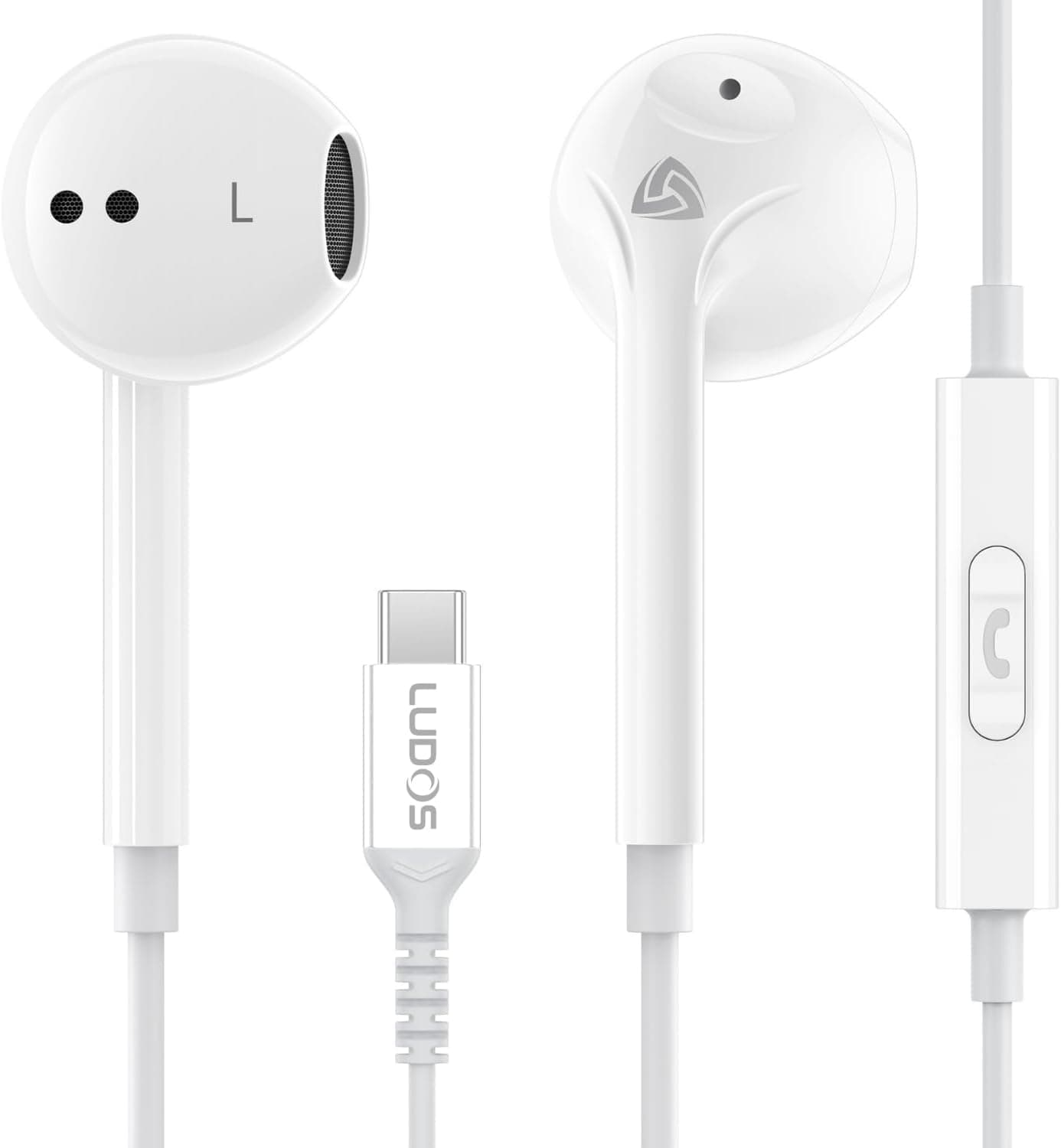 LUDOS Zenith USB C Headphones for iPhone 17 16 15 Pro Max Plus Air iPad Pro Air, 2 Years Warranty, USB-C Earbuds for Samsung Galaxy S24 S23 Ultra S22 S21 S20 A55 A54 A53, USB Type C Earphones - White