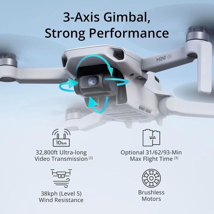 DJI Mini 4K Camera Drone Combo, Drone with 4K UHD Camera for Adults, Under 249 g, 3-Axis Gimbal Stabilization, 10km Video Transmission, Auto Return, 2 Batteries for 62-Min Max Flight Time, QuickShots
