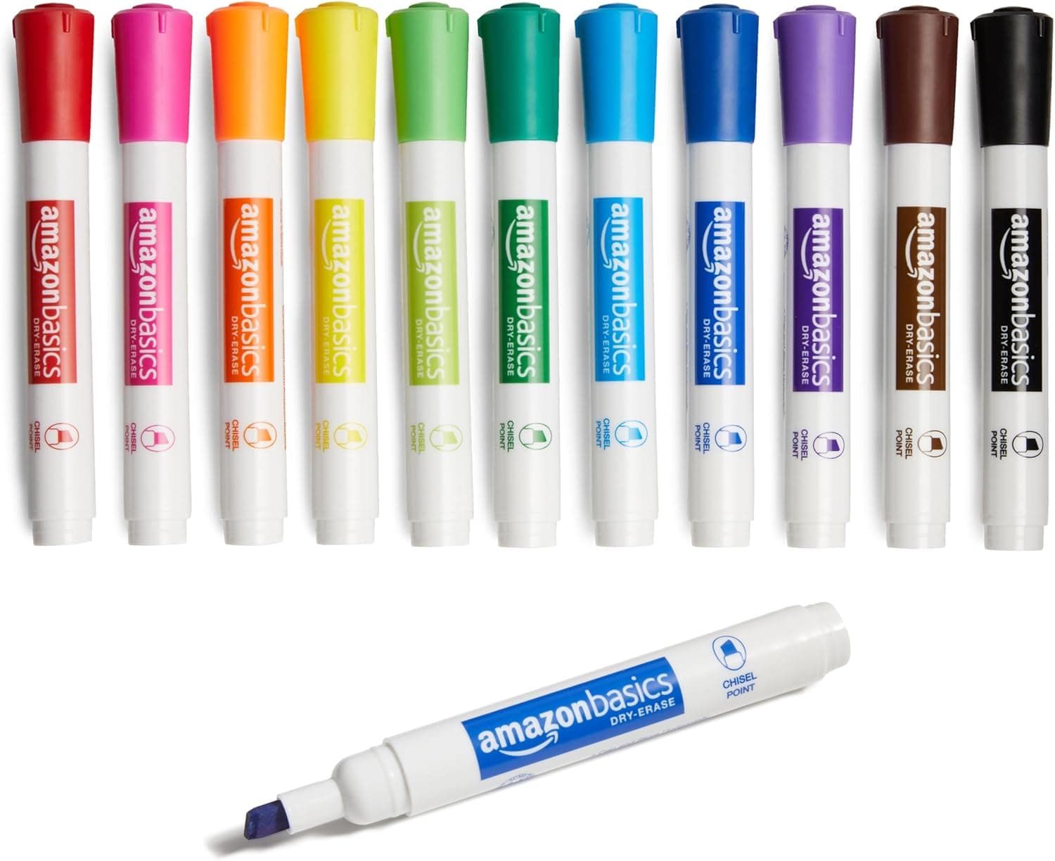 Amazon Basics Dry Erase Markers For Whiteboards, Chisel Tip, Low-Odor, Assorted Colors, Pack of 12