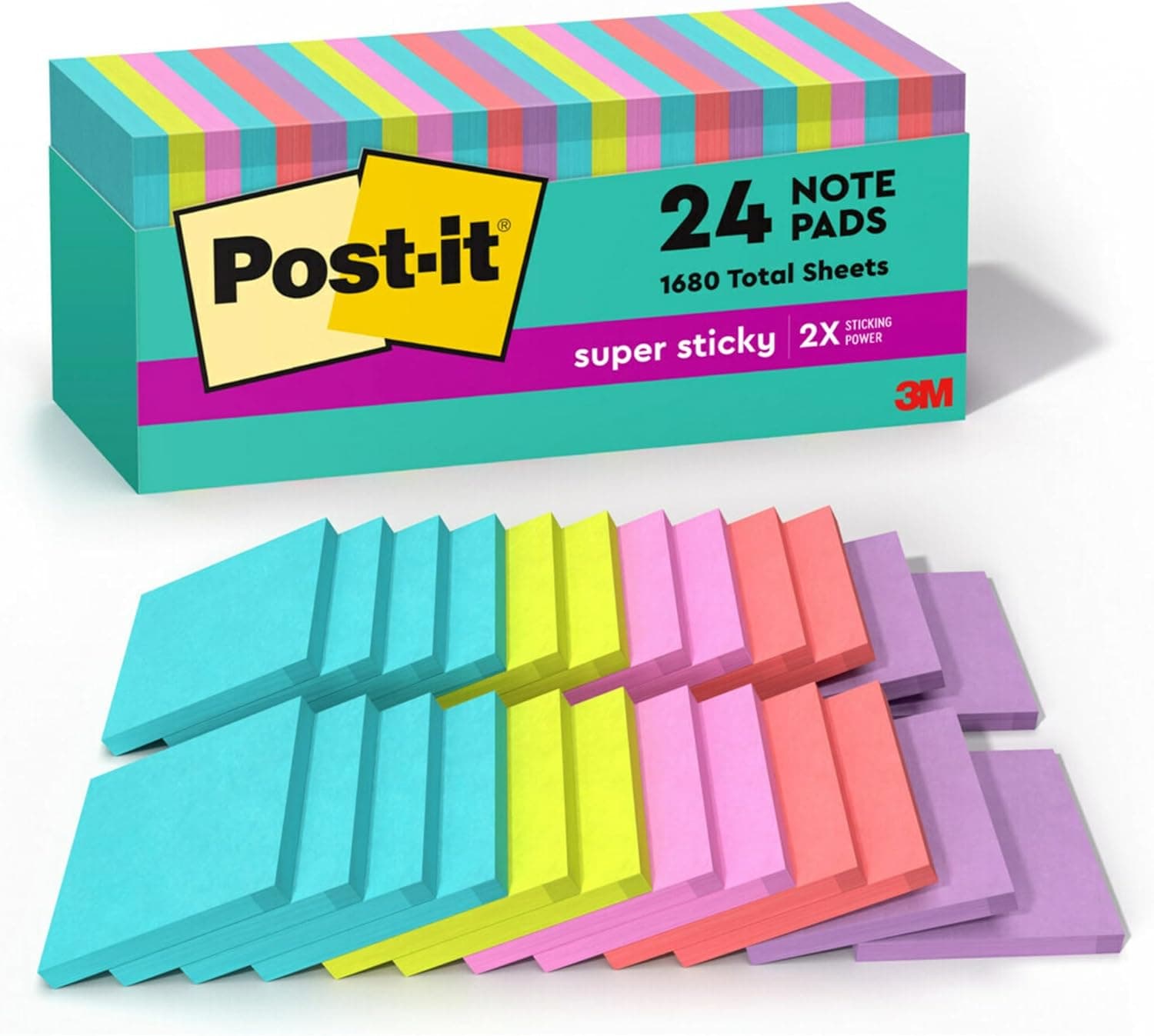 Post-it Super Sticky Notes, 76.2 mm x 76.2 mm, 24 Pads, 2X The Sticking Power, Supernova Neons, Bright Colors, Recyclable