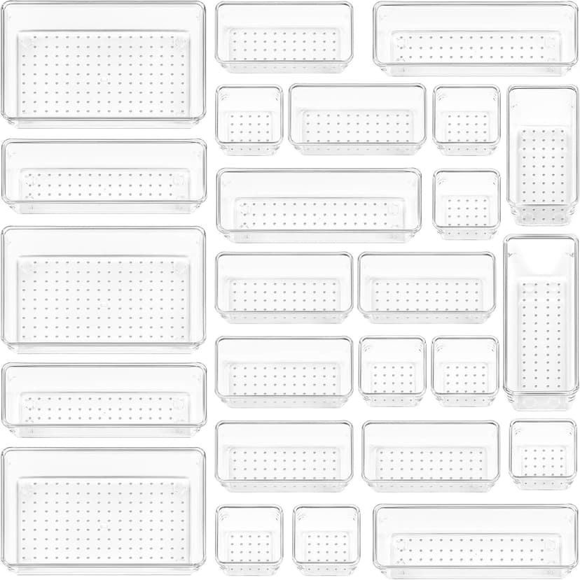 Vtopmart 25 PCS Clear Plastic Drawer Organizers Set, 4-Size Versatile Bathroom and Vanity Drawer Organizer Trays, Storage Bins for Makeup, Bedroom, Kitchen Gadgets Utensils and Office