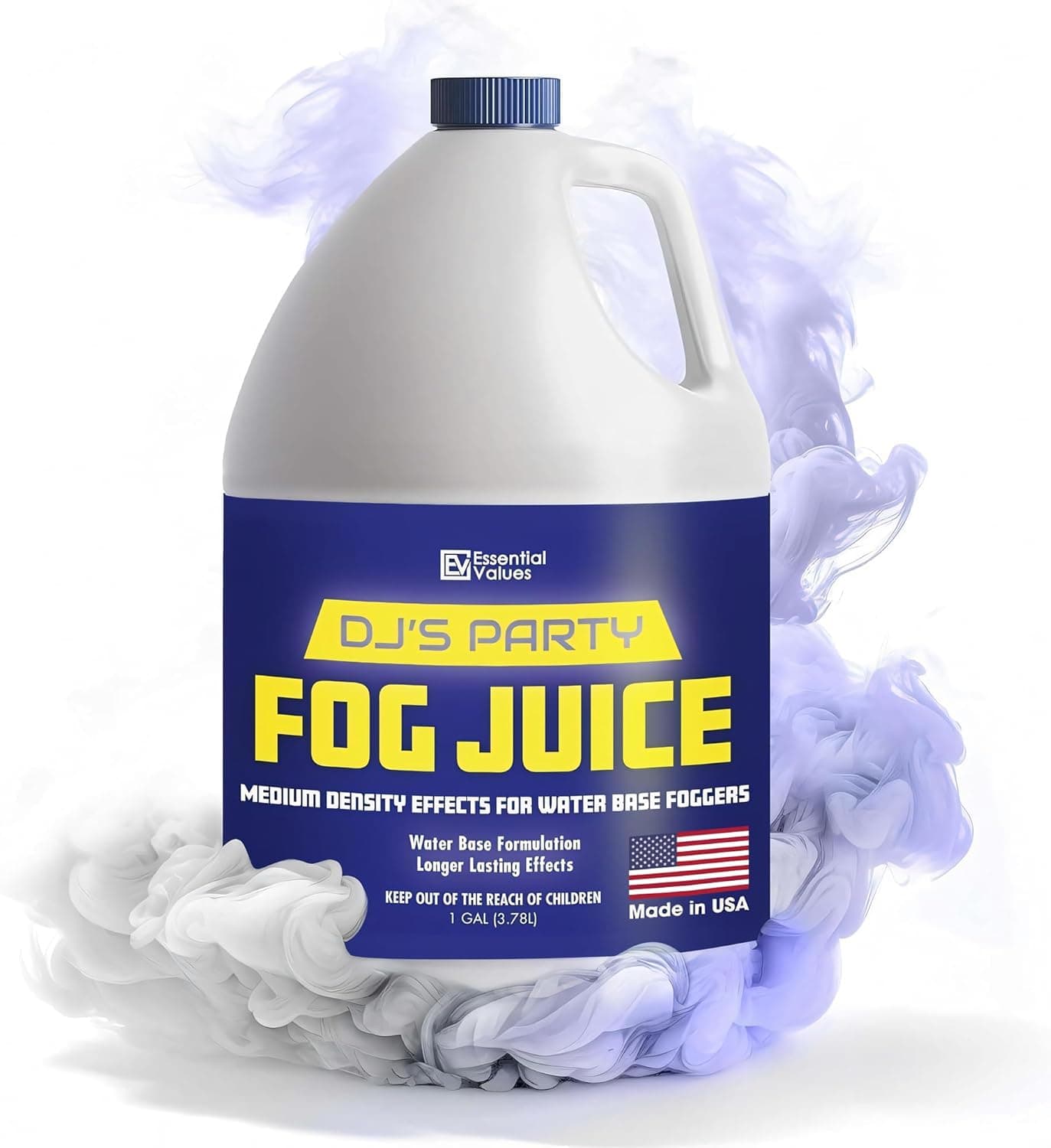 ESSENTIAL VALUES Fog Machine Fluid (128 FL OZ / 1 Gal) Fog Juice Long-Lasting Medium Density Liquid for Water Based Foggers, Perfect for 400 Watt to 1500 Machines, Outdoor or Indoor, Made in USA