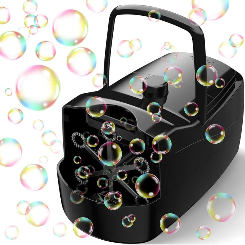 Bubble Machine, Automatic 18000+ Per Minute Big Bubbles Blower Maker for Kids Toddlers with 2 Speeds,6 Wands,Operated by Plugin or Batteries for Outdoor/Indoor Birthday Parties,Wedding (Black)