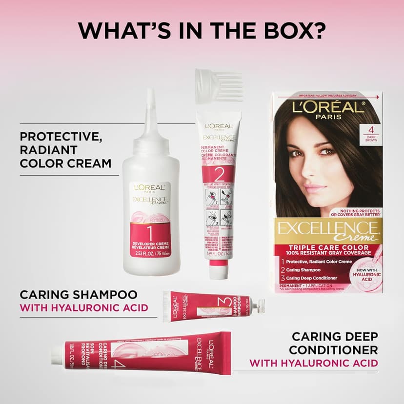 L'Oreal Paris Excellence Crème Permanent Hair Dye, Triple Care Hair Color with Pro-Keratine Complex for 100% Gray Hair Coverage, 4 Dark Brown, 1 Kit