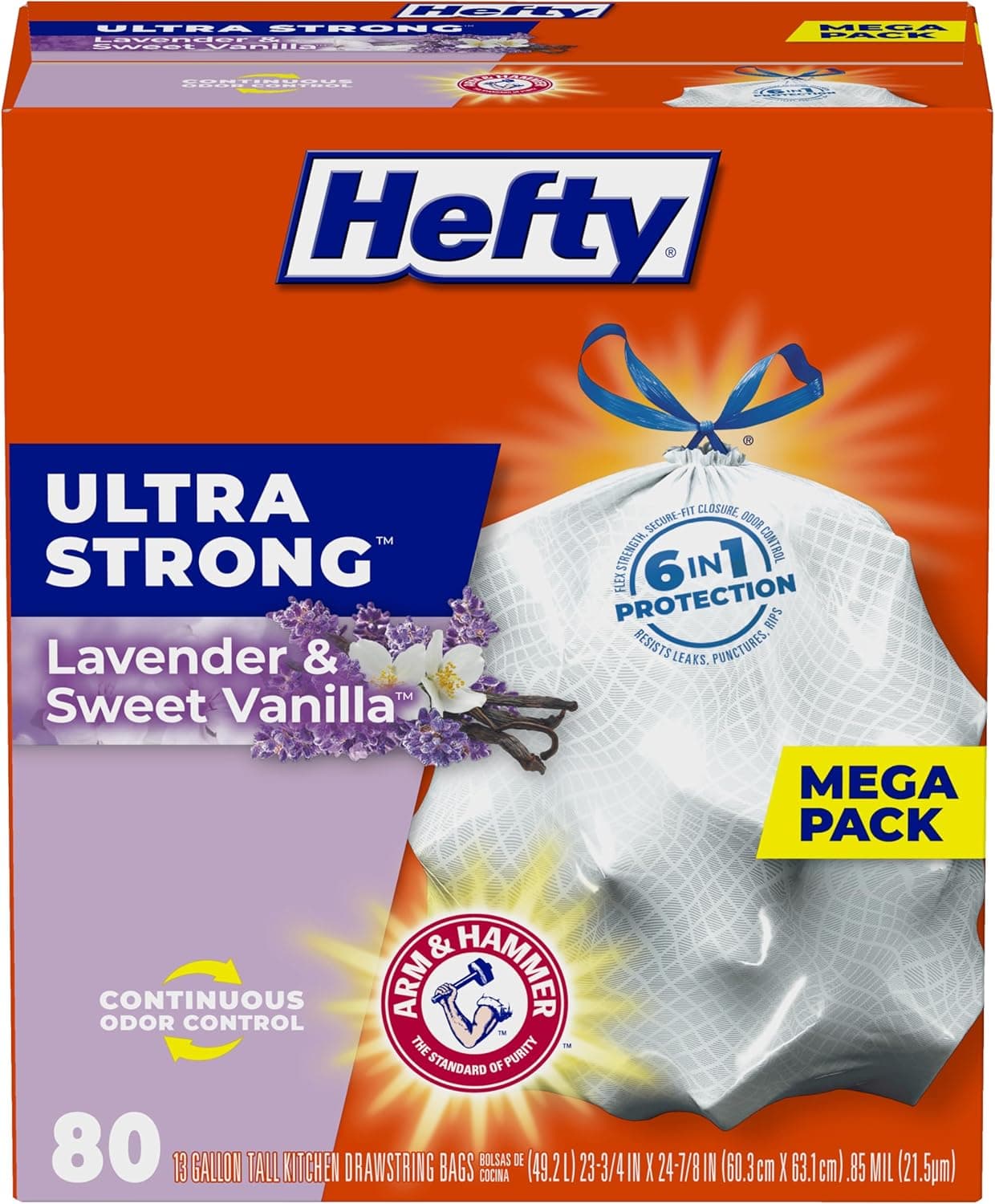 Hefty Ultra Strong Tall Kitchen Trash Bags, Lavender & Sweet Vanilla Scent, 13 Gallon, 80 Count
