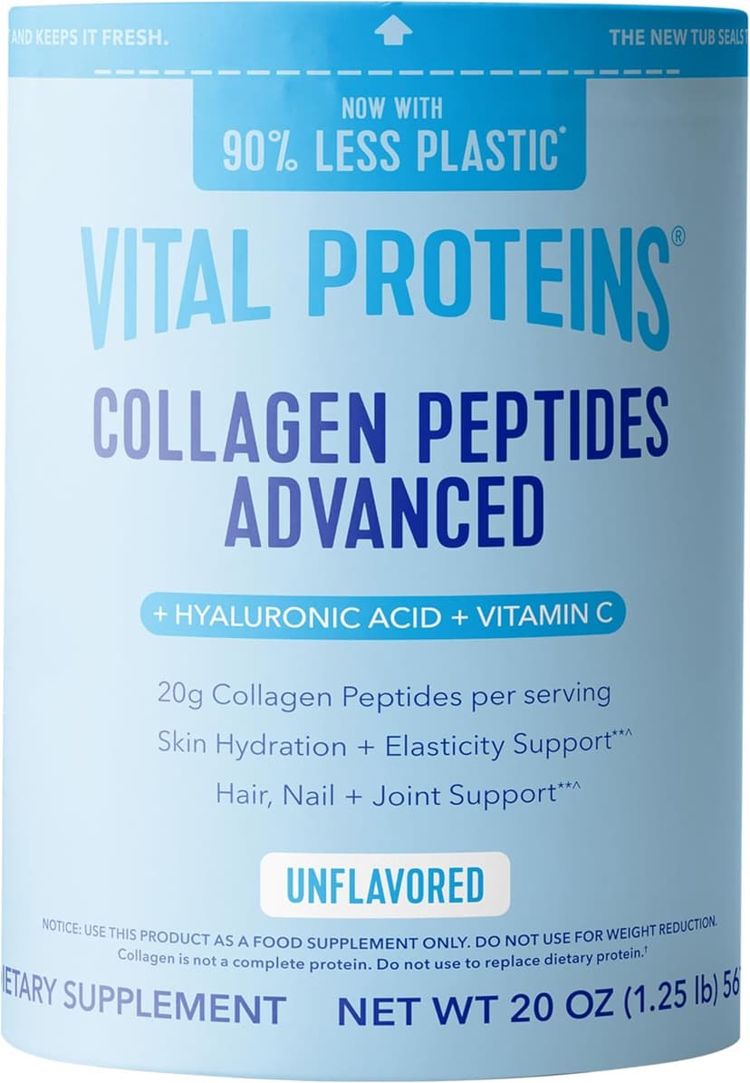 Vital Proteins Collagen Peptides Powder Advanced with Hyaluronic Acid & Vitamin C, 20oz Collagen Protein, Unflavored, 27 Servings