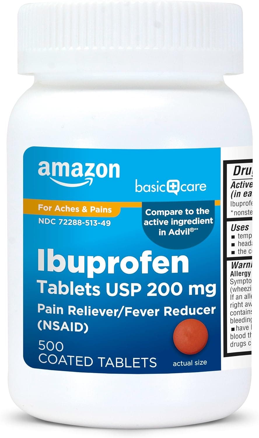 Amazon Basic Care Ibuprofen Tablets 200 mg, Pain Reliever/Fever Reducer, Body Aches, Headache, Arthritis Pain Relief and More, 500 Count (Packaging may vary