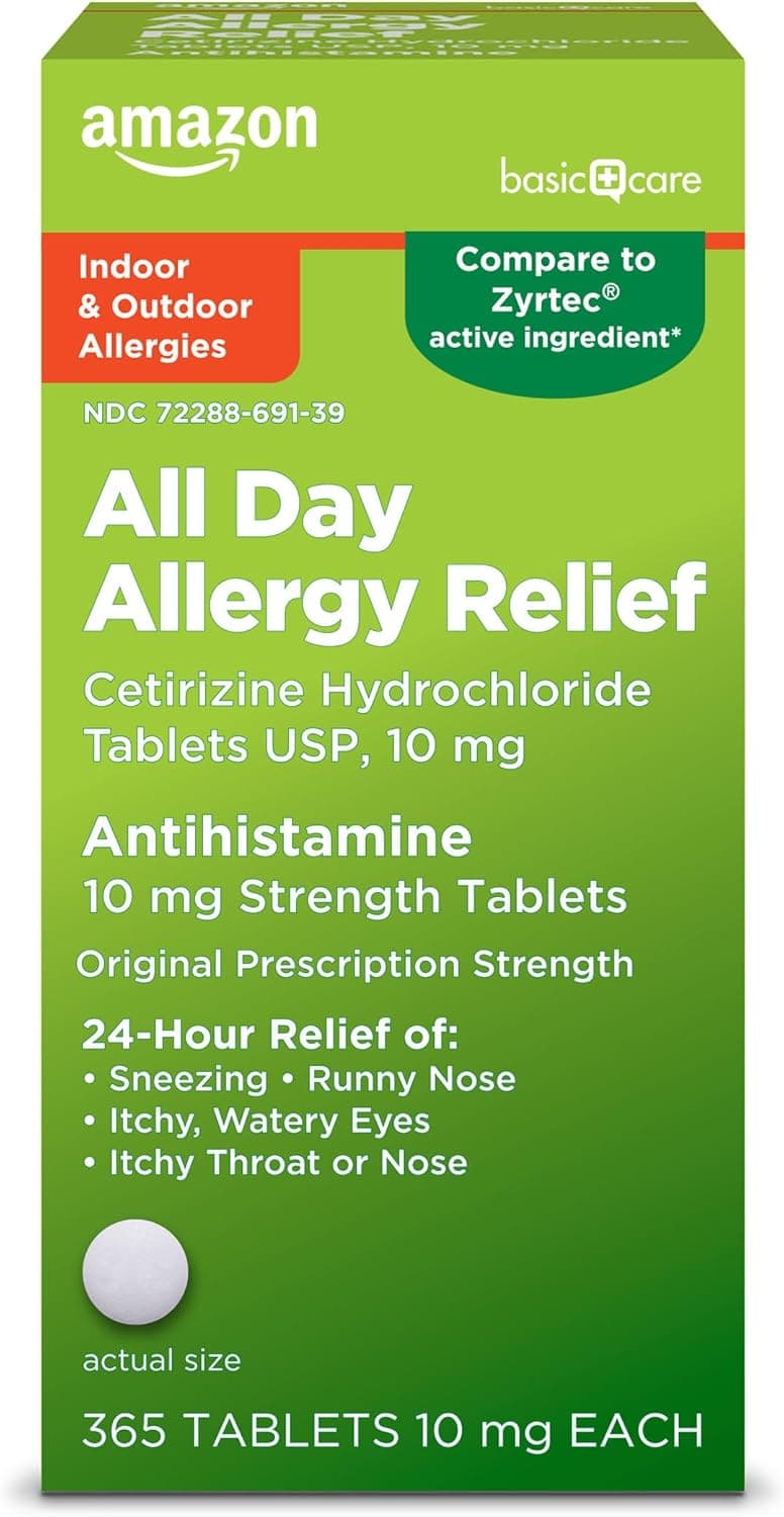 Amazon Basic Care All Day Allergy, Cetirizine Hydrochloride Tablets, Antihistamine, 10 mg, 365 Count (Packaging may vary)
