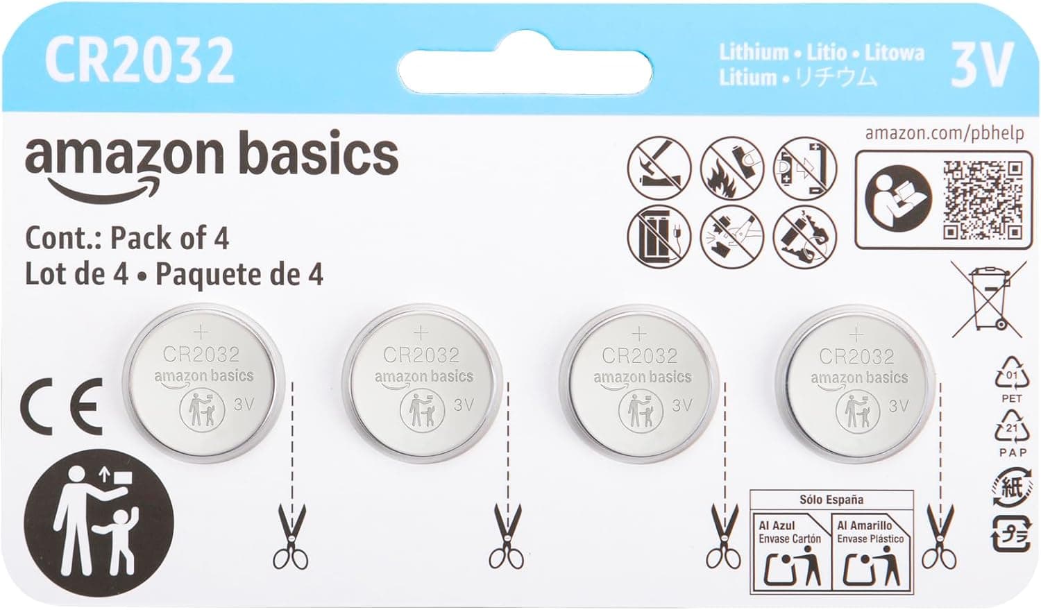 Amazon Basics CR2032 Lithium Batteries, 4-Pack, Child-Proof Package, Non-Coated - AirTag Compatible
