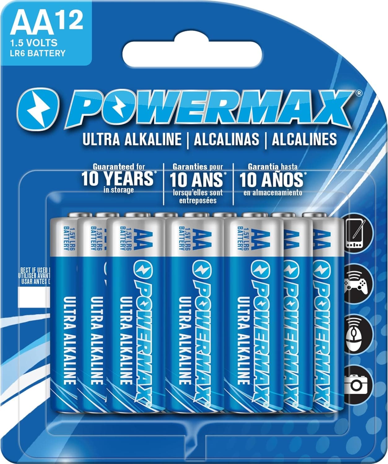 Powermax 12-Count Double AA Batteries, Ultra Long Lasting Alkaline Battery Blister Pack for Home and Office, 10-Year Shelf Life