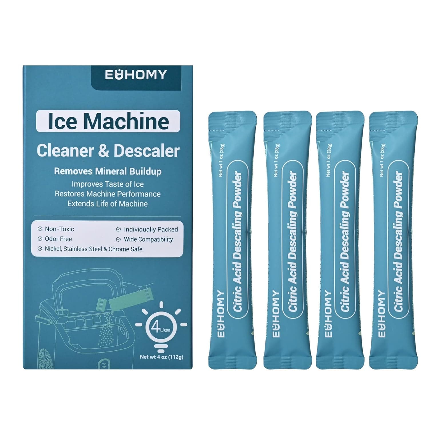 EUHOMY Ice Maker Cleaner & Descaler | 4 Use & Individually Packed | Ice Machine Cleaner with Organic Citric Acid Descaling Powder, Ideal for All Brands