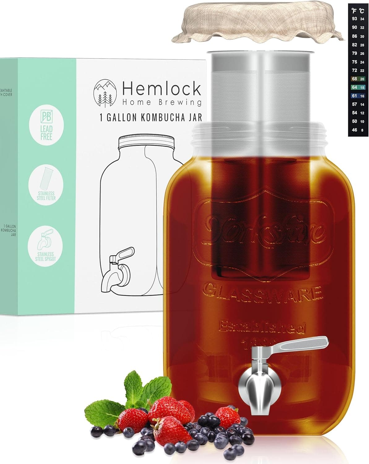 1 Gallon Kombucha Jar Starter Kit with Spigot, Continuous Kombucha Brewing Jar Kit, Glass Kombucha Starter Kit with Stainless Steel Mesh Filter (1GKJ)