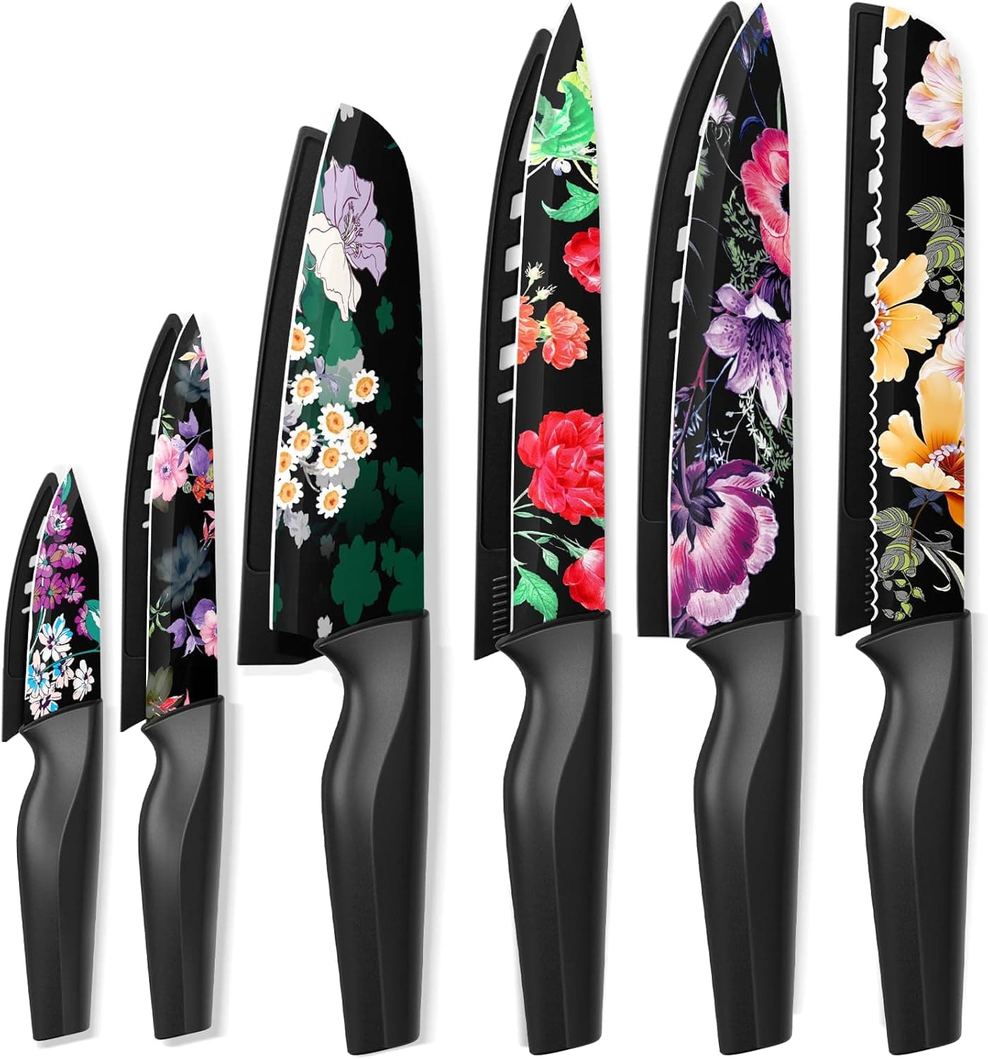 Astercook Knife Set, 12-Piece Flower Kitchen Knives Sets with Blade Guards, Dishwasher Safe, German High Carbon Stainless Steel, Perfect Gifts for Kitchen