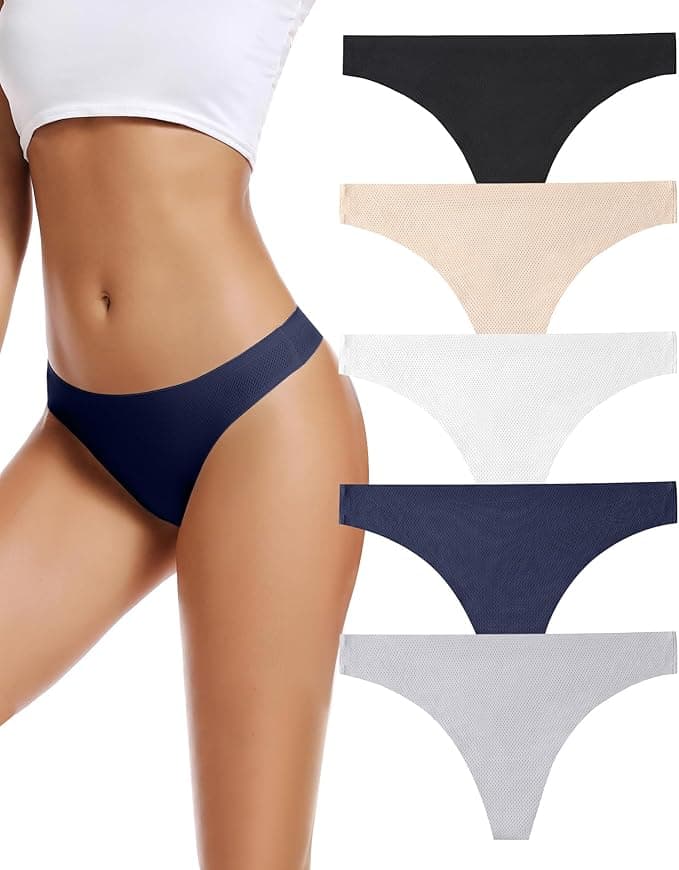 voenxe Seamless Women Underwear Thongs,No Show Ladies Thong,No Line Workout Breathable Comfortable Panties,Soft Undies,5-Pack