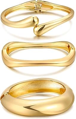 Chunky Gold Bangle Bracelets for Women, Dainty 14k Gold Plated Big Stackable Bangles Set, Trendy Statement Cuff Bracelet Stack Fashion Jewelry Christmas Gifts